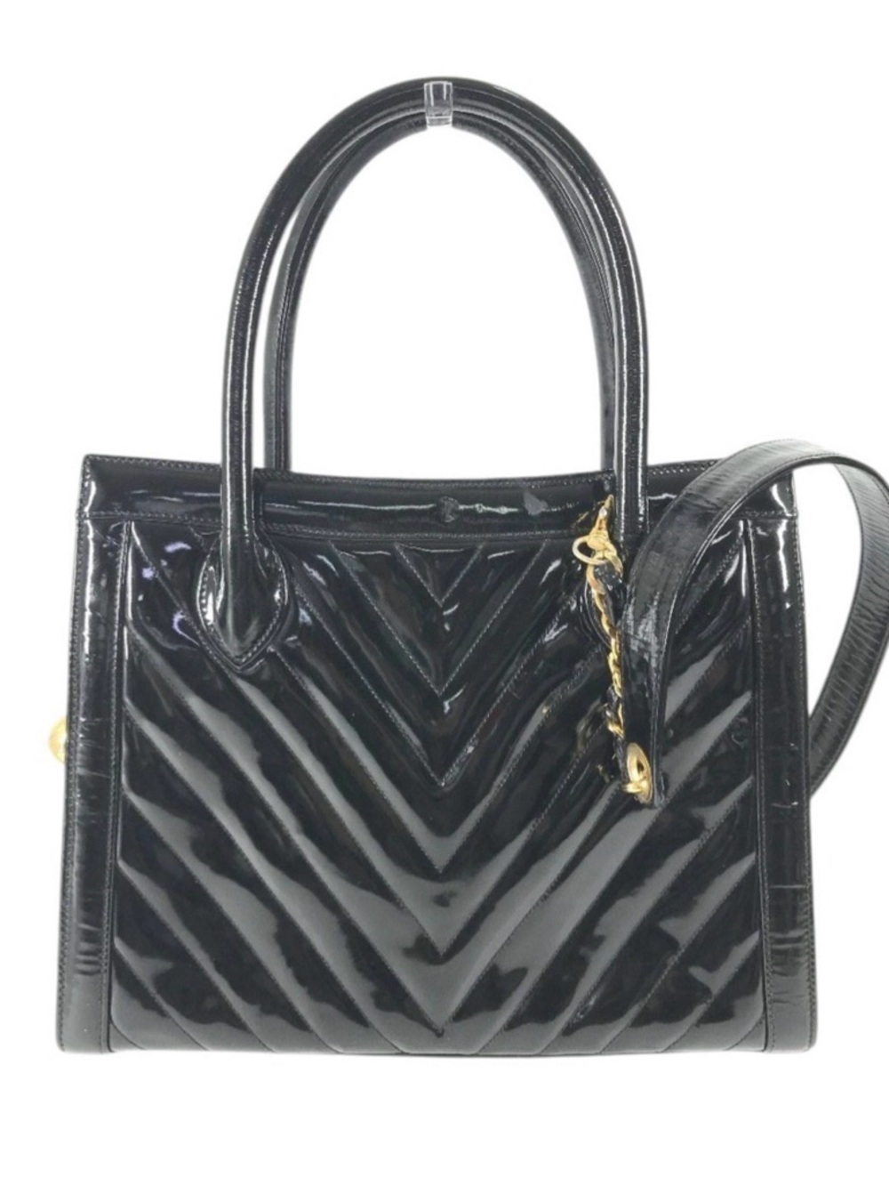 CHANEL Vintage Black V-Stitch Patent Leather Satchel with Gold CC Ball EUC